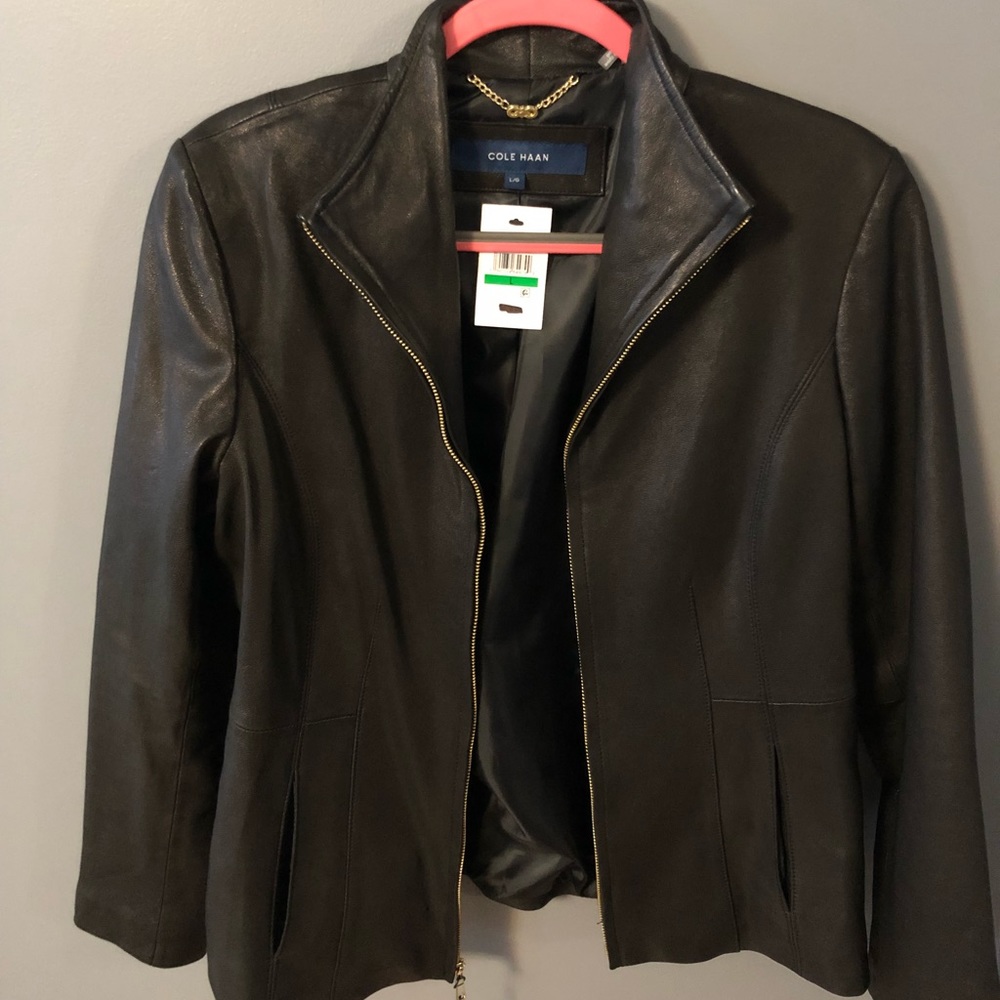 Cole Haan Leather Zip Wing Collar Jacket